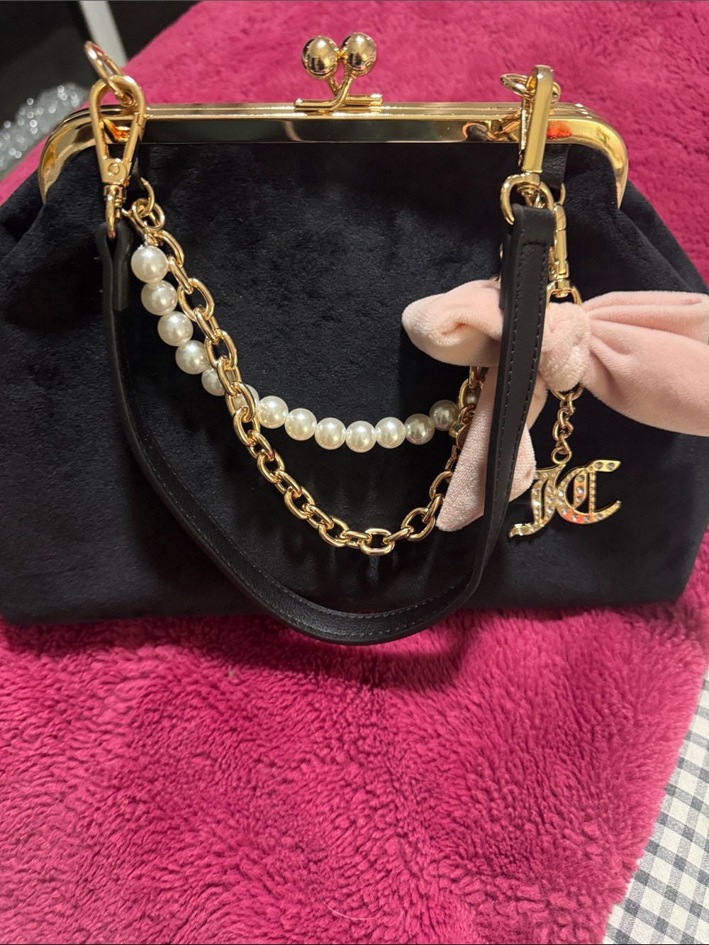 Juicy Couture Black Velvet kiss lock with Gold Chain, Pearls & Pink Bow